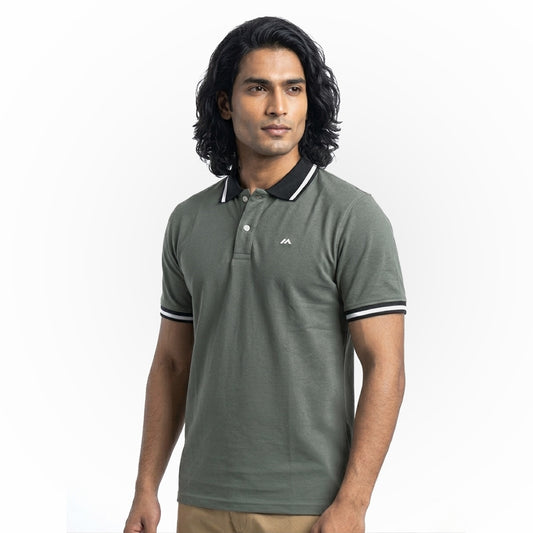 Contrast Cotton Pique Polo - Sage Green