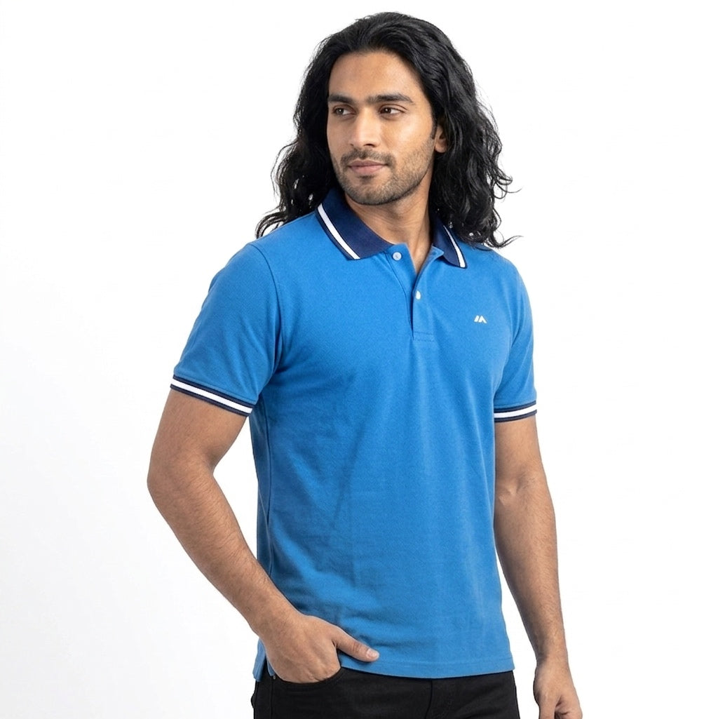 Contrast Cotton Pique Polo -  Cerulean Blue