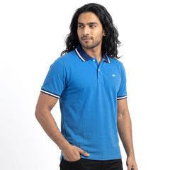 Contrast Cotton Pique Polo -  Cerulean Blue
