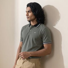Contrast Cotton Pique Polo - Sage Green