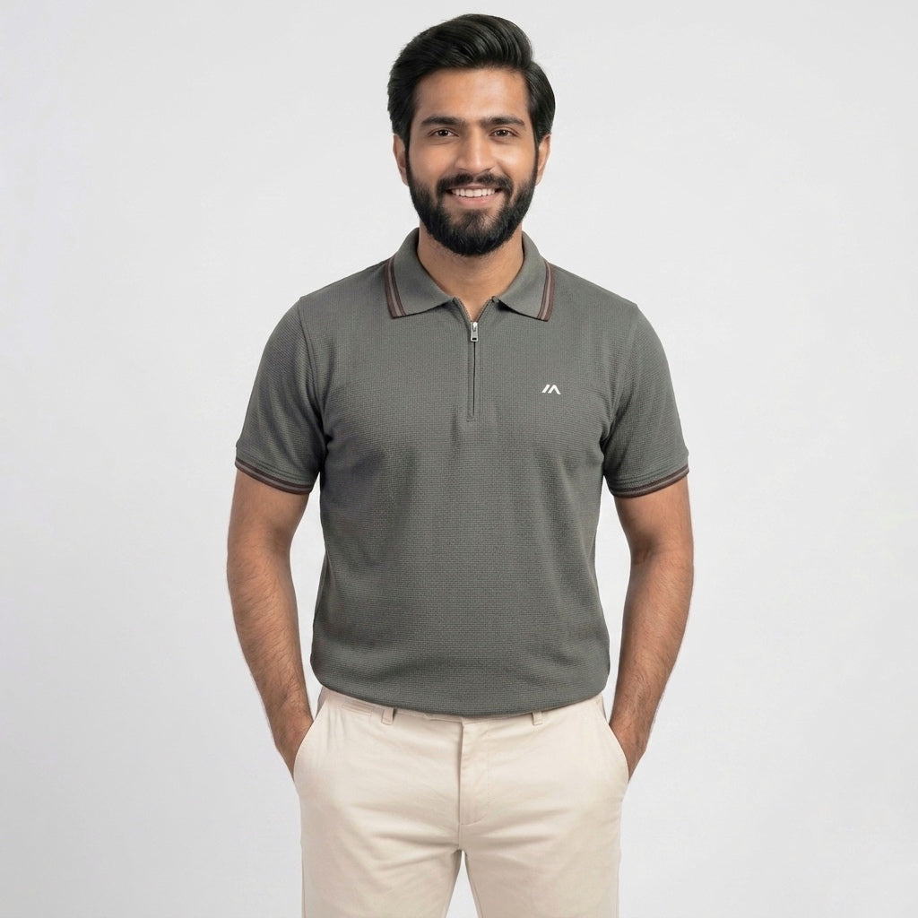 Premium Waffle Zipper Polo - Graphite