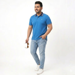 Contrast Cotton Pique Polo -  Cerulean Blue