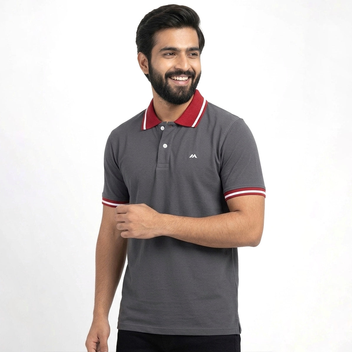 Contrast Cotton Pique Polo -  Grey & Maroon