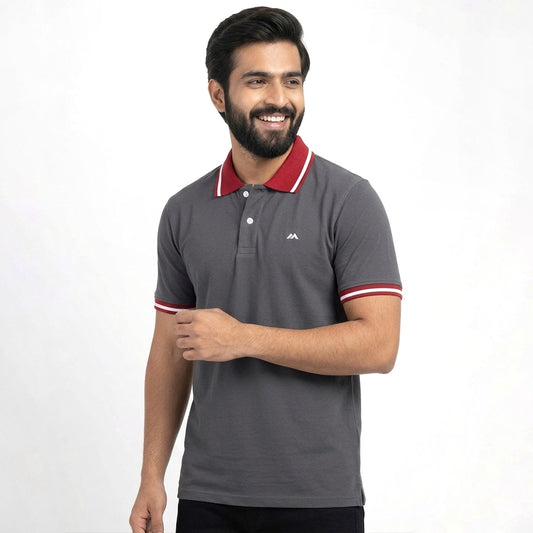 Contrast Cotton Pique Polo -  Grey & Maroon