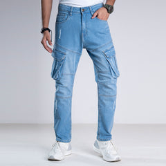 Premium Denim Cargo Pants - Light Blue