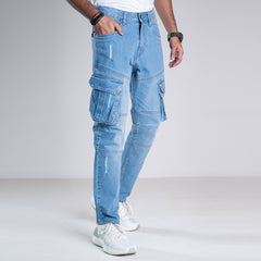 Premium Denim Cargo Pants - Light Blue