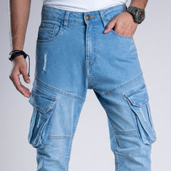 Premium Denim Cargo Pants - Light Blue