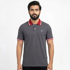 Contrast Cotton Pique Polo -  Grey & Maroon