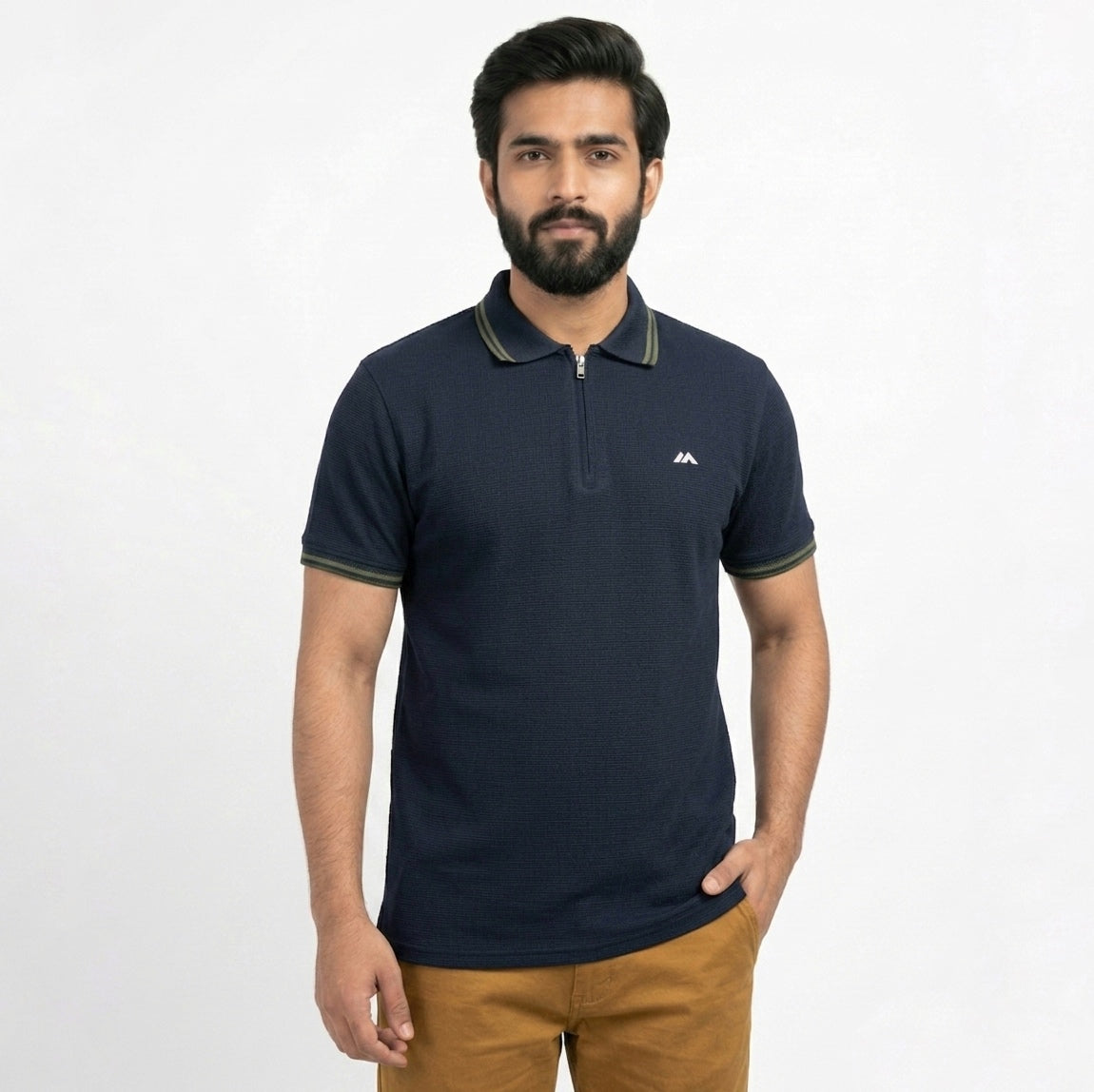 Premium Waffle Zipper Polo - Dark Navy