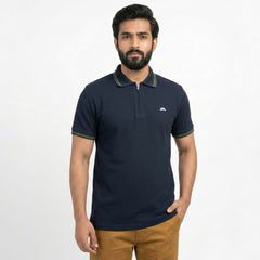 Premium Waffle Zipper Polo - Dark Navy
