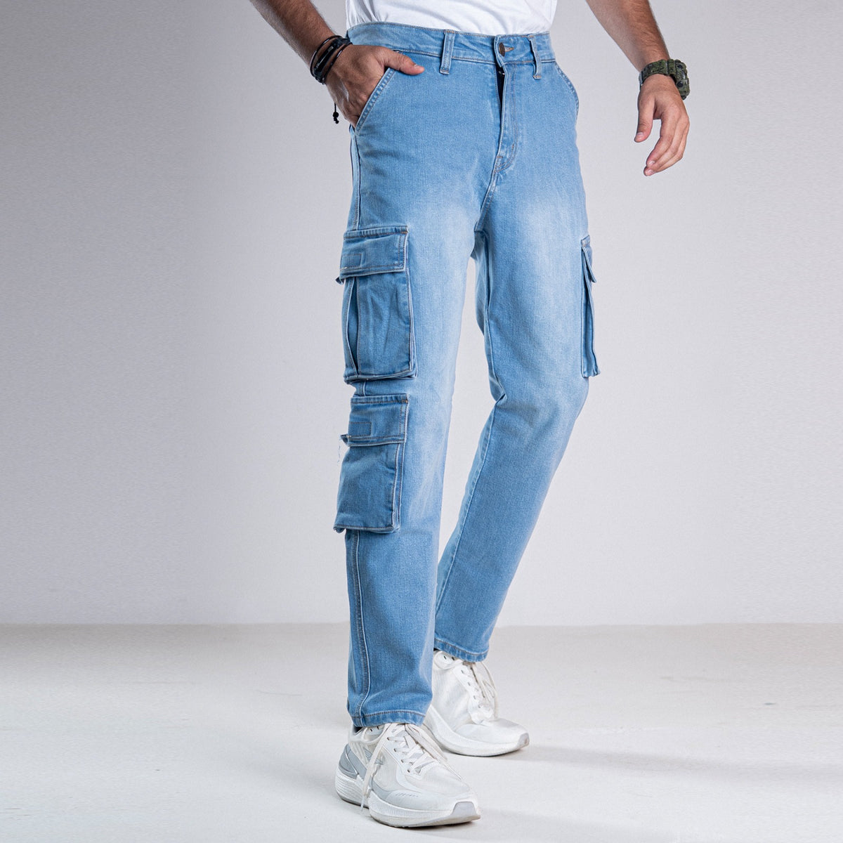 Urban7 Multi-Pocket Denim Cargo Pants - Aero Blue